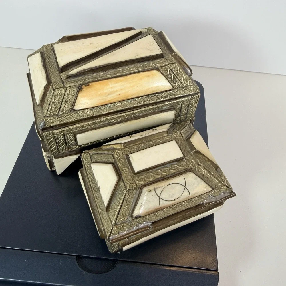 Antique Trinket Boxes Made Of Camel Bone And‎ Brass Set Of 2